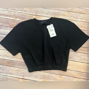 Zara Crop Short Sleeve Fleece Sweatshirt Top Black Medium
